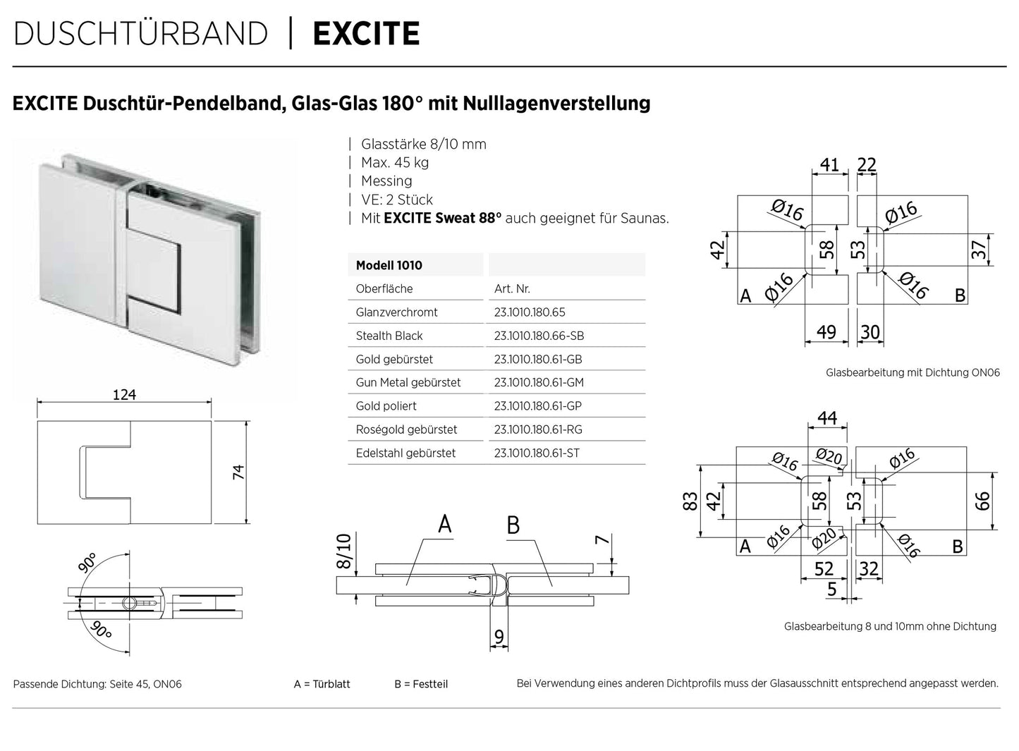 EXCITE Duschtür-Pendelband Glas-Glas 180° mit Nulllagenverstellung Glas 8/10mm