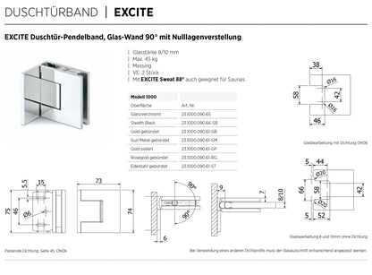 EXCITE Duschtür-Pendelband Glas-Wand 90° mit Nulllagenverstellung Glas 8/10mm