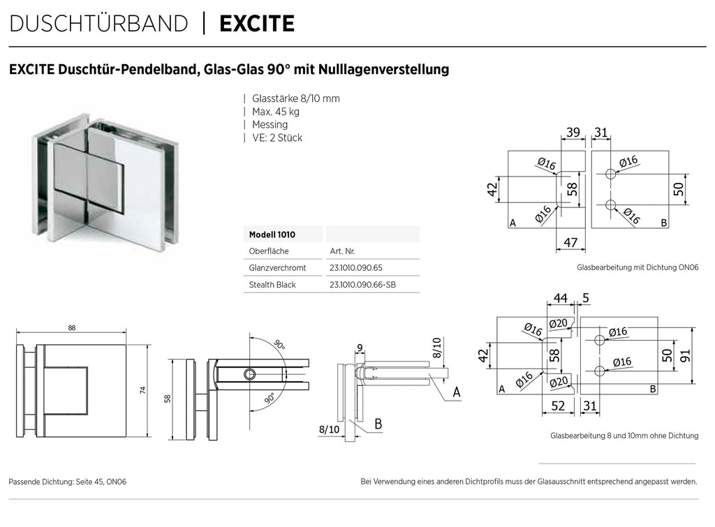 EXCITE Duschtür-Pendelband Glas-Glas 90°