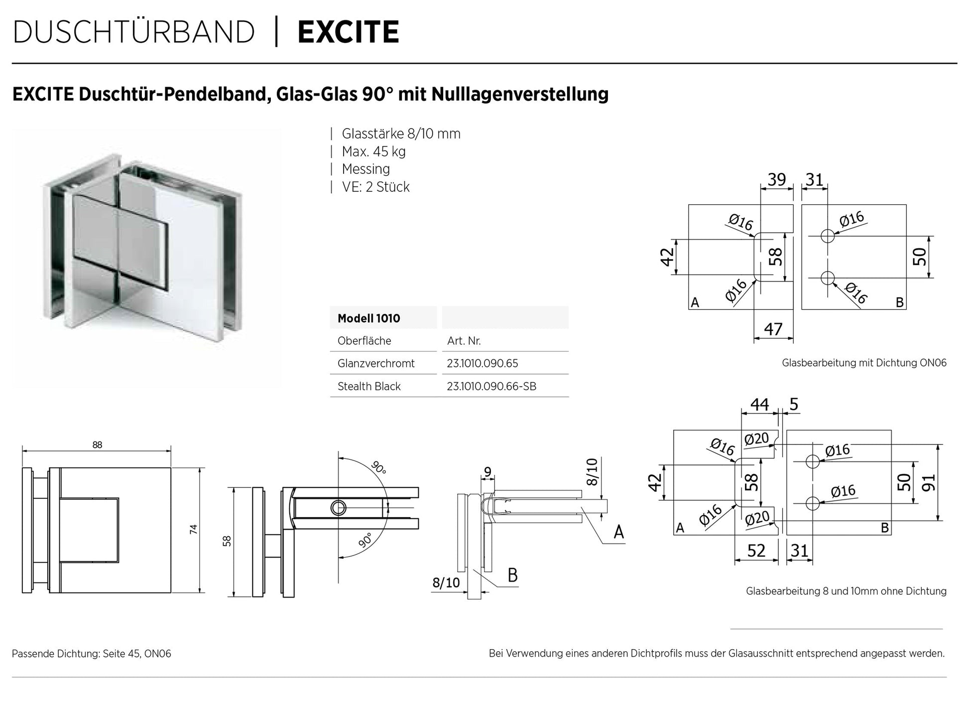 EXCITE Duschtür-Pendelband Glas-Glas 90°