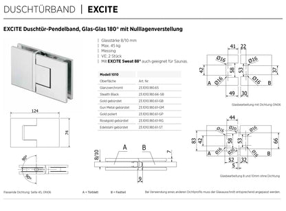 EXCITE Duschtür-Pendelband Glas-Glas 180° mit Nulllagenverstellung Glas 8/10mm