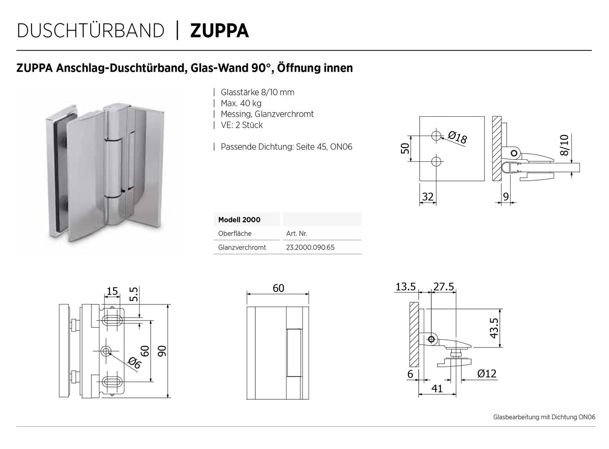 ZUPPA Duschtürband Glas-Wand 90°