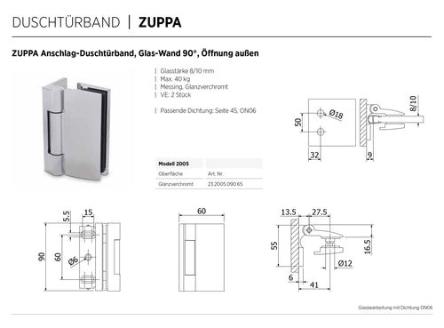 ZUPPA Duschtürband Glas-Wand 90°