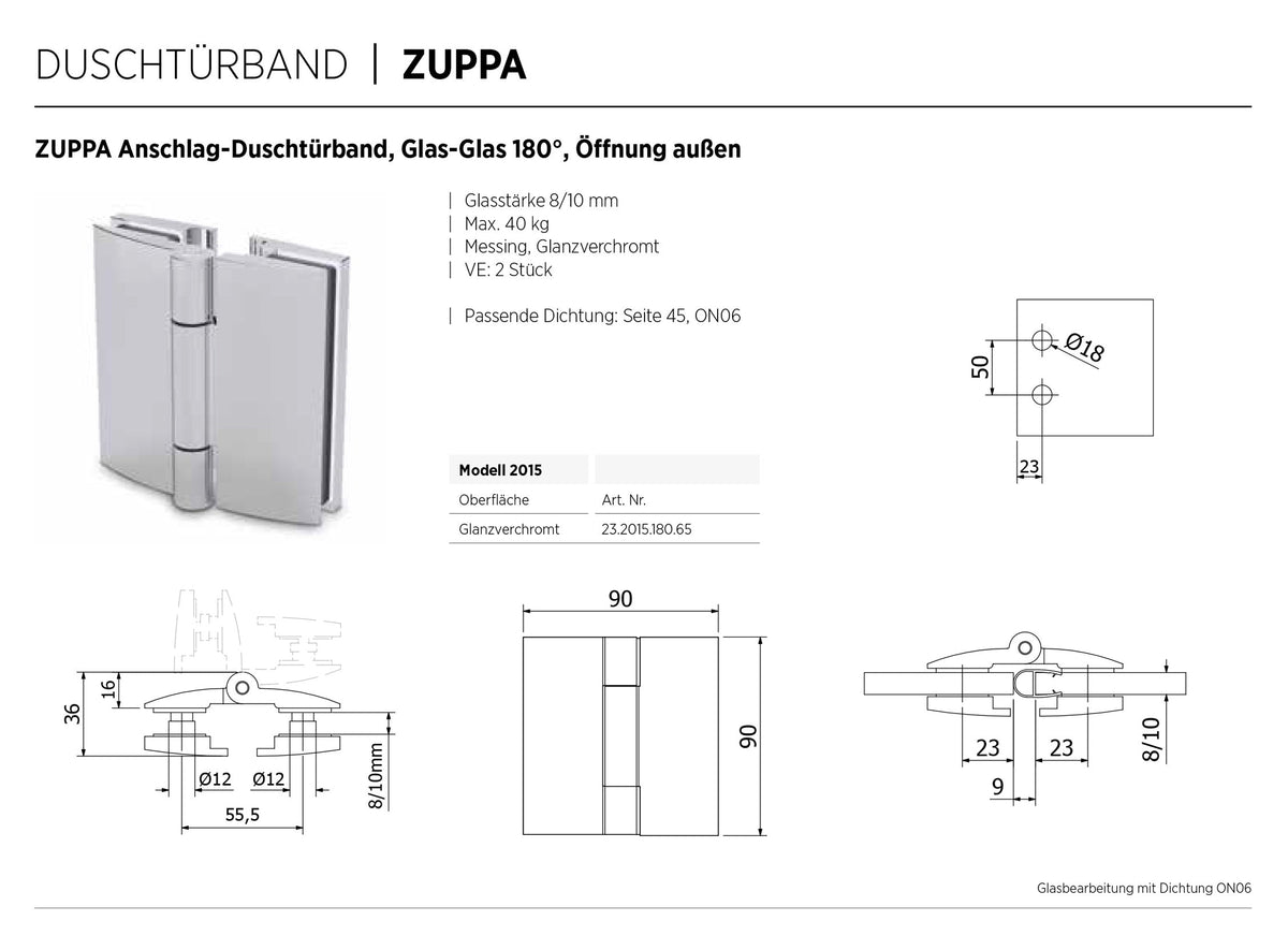 ZUPPA Duschtürband Glas-Glas 180°