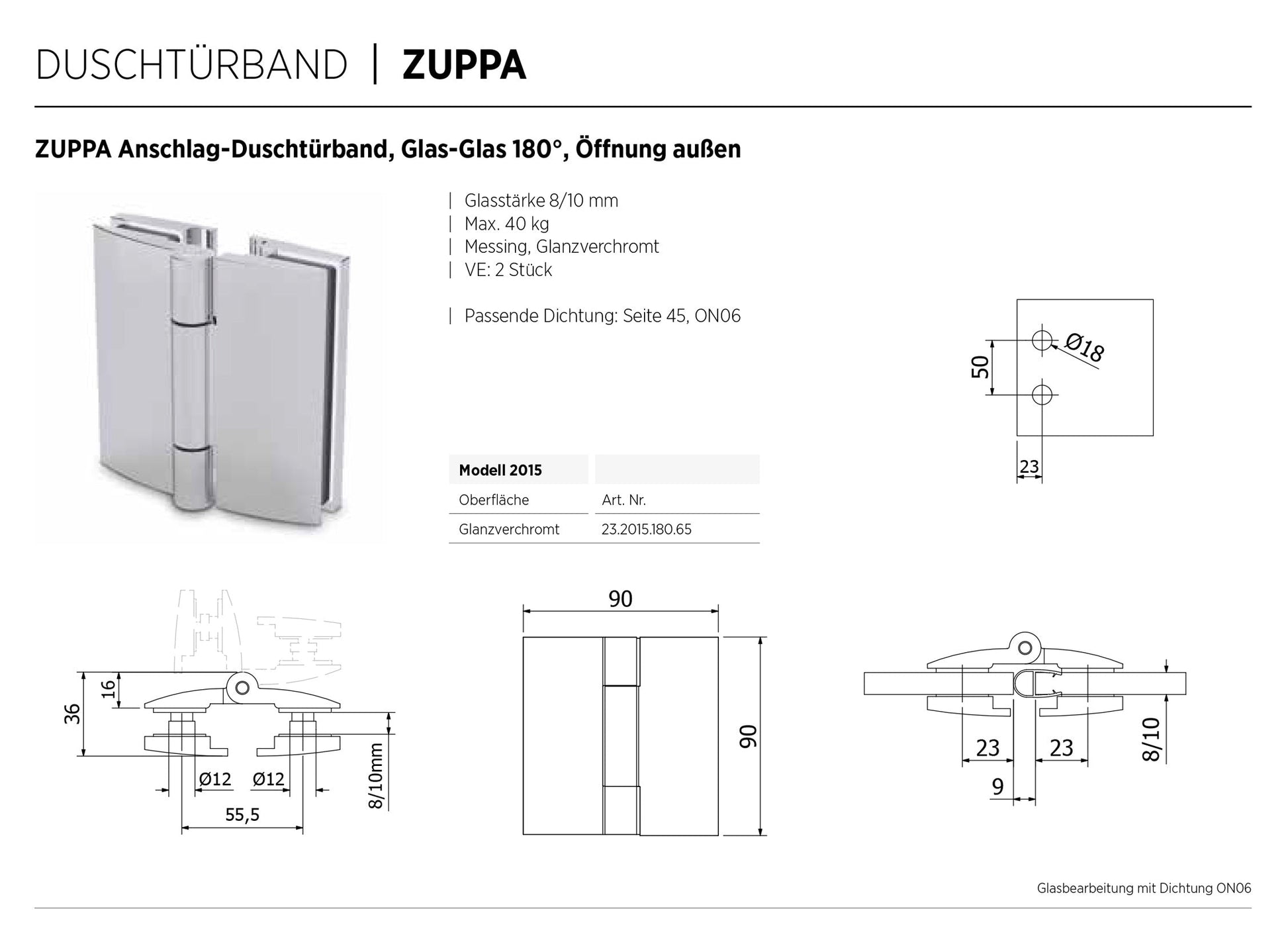 ZUPPA Duschtürband Glas-Glas 180°