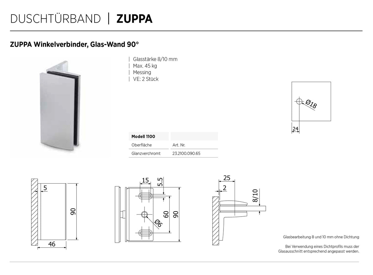 ZUPPA Verbinder Glas-Wand 90°
