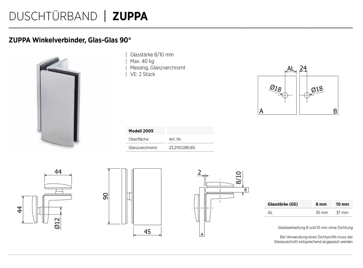 ZUPPA Verbinder Glas-Glas 90°