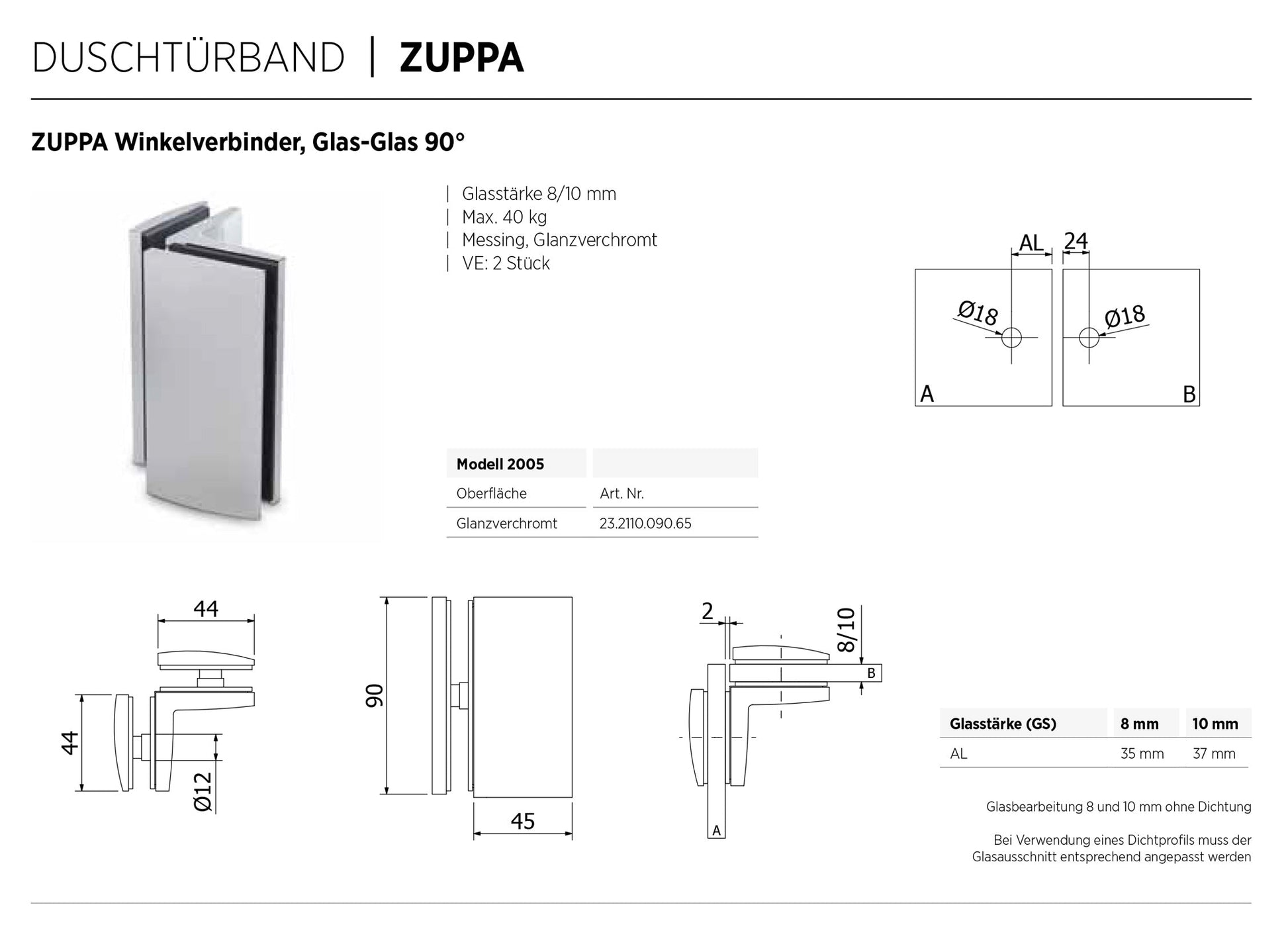 ZUPPA Verbinder Glas-Glas 90°