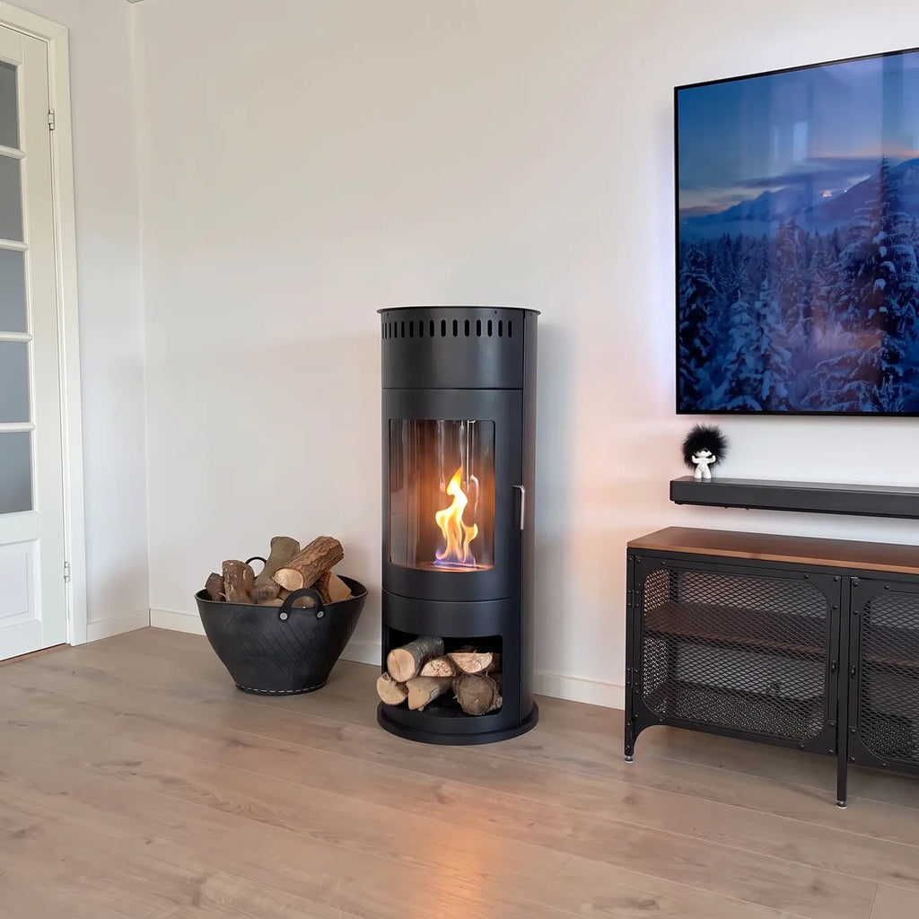 Washington black bioethanol stove lit in a living room beside a log basket and media console