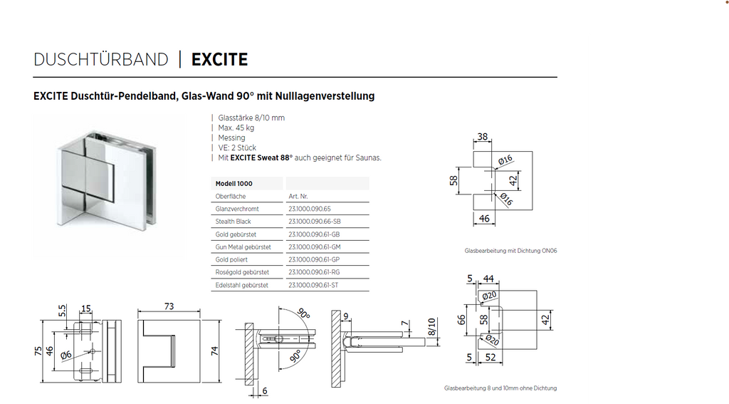EXCITE Duschtür-Pendelband, Glas-Wand 90°