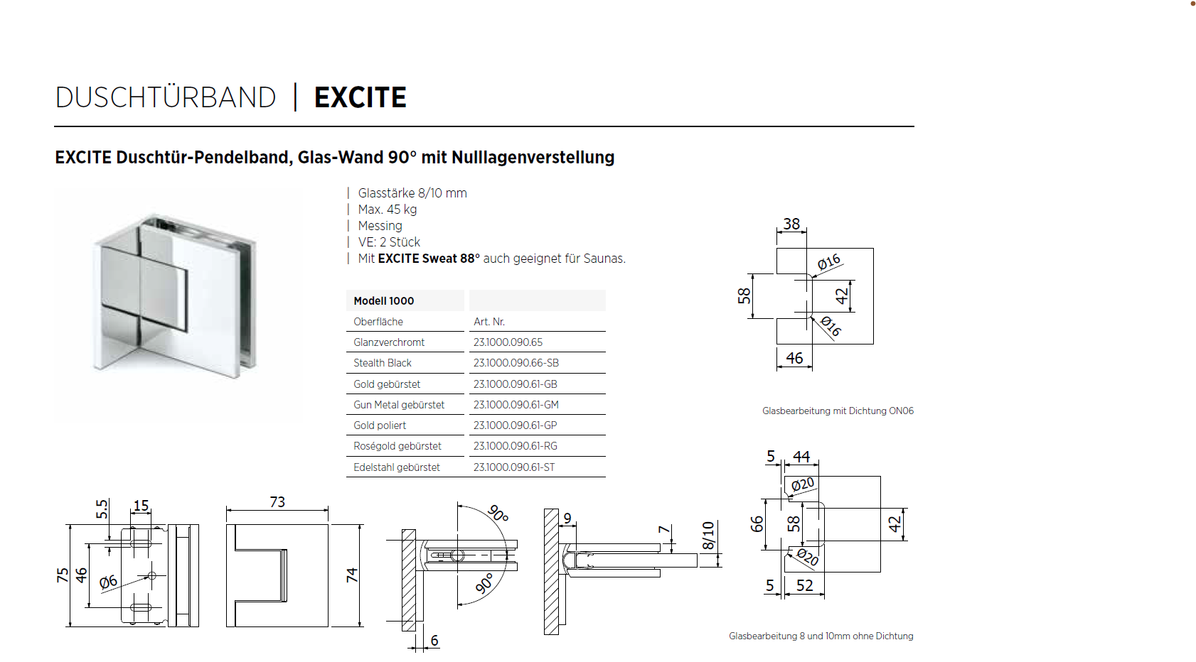 EXCITE Duschtür-Pendelband, Glas-Wand 90°