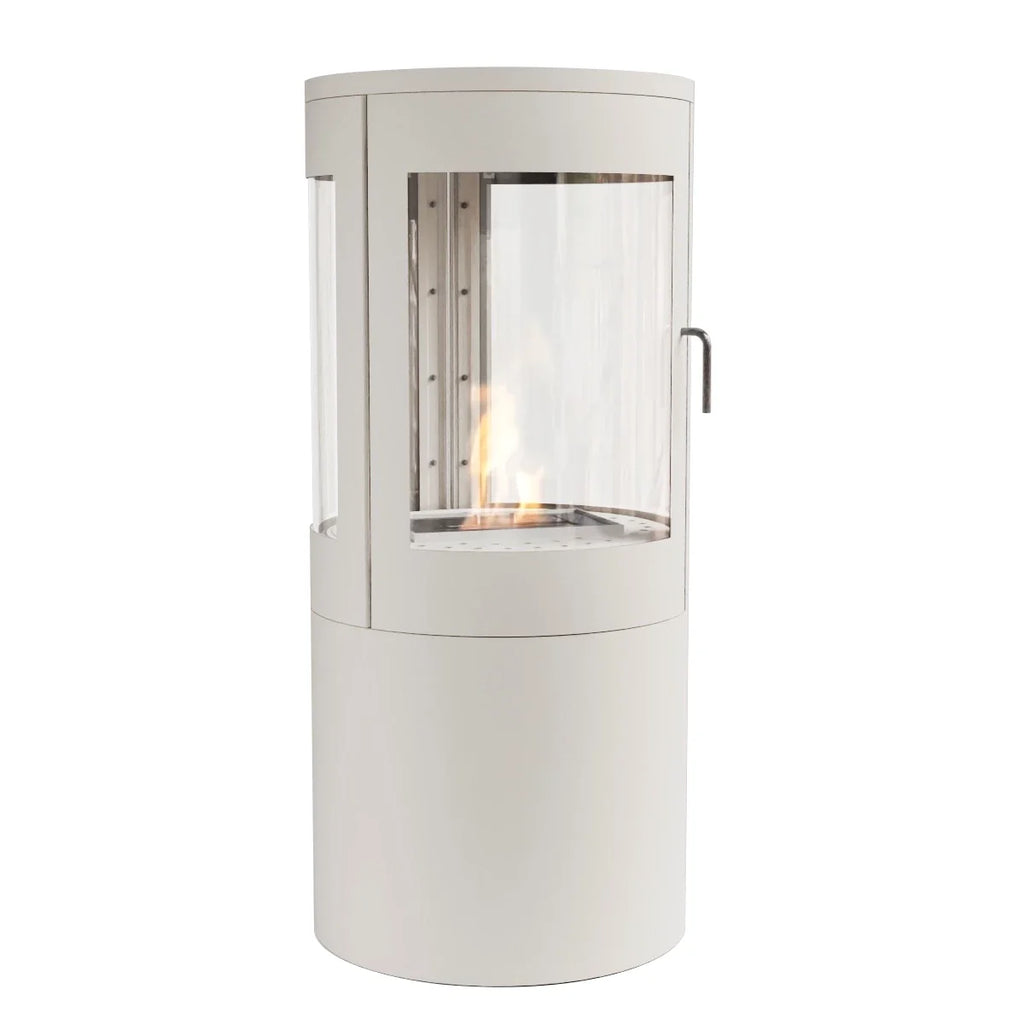 Columbus White Bioethanol Stove with 360-View, lit studio hero