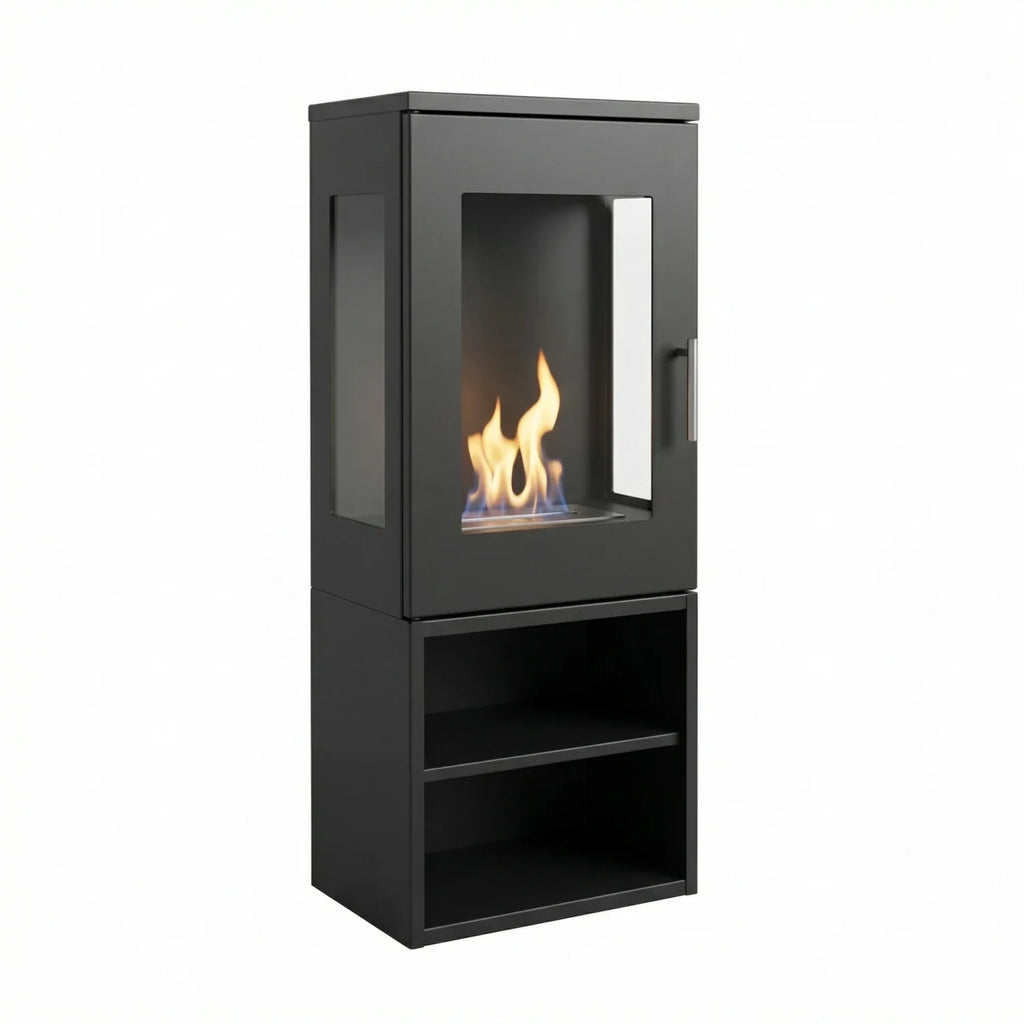 Cheyenne black freestanding bioethanol stove fireplace with 3-sided glass, lit flame, studio view