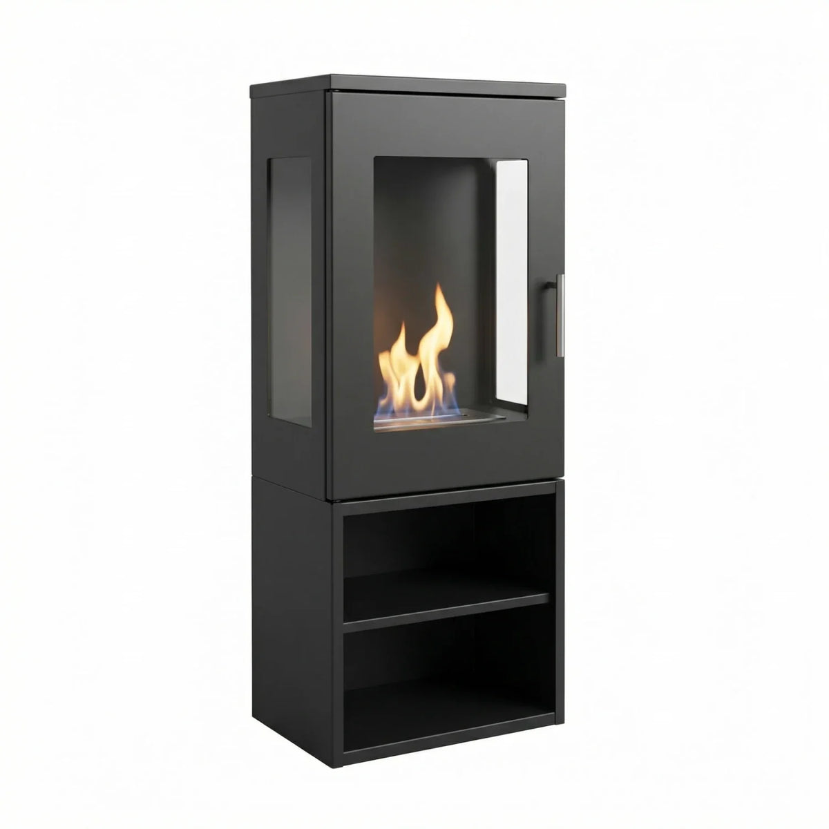 Cheyenne black freestanding bioethanol stove fireplace with 3-sided glass, lit flame, studio view