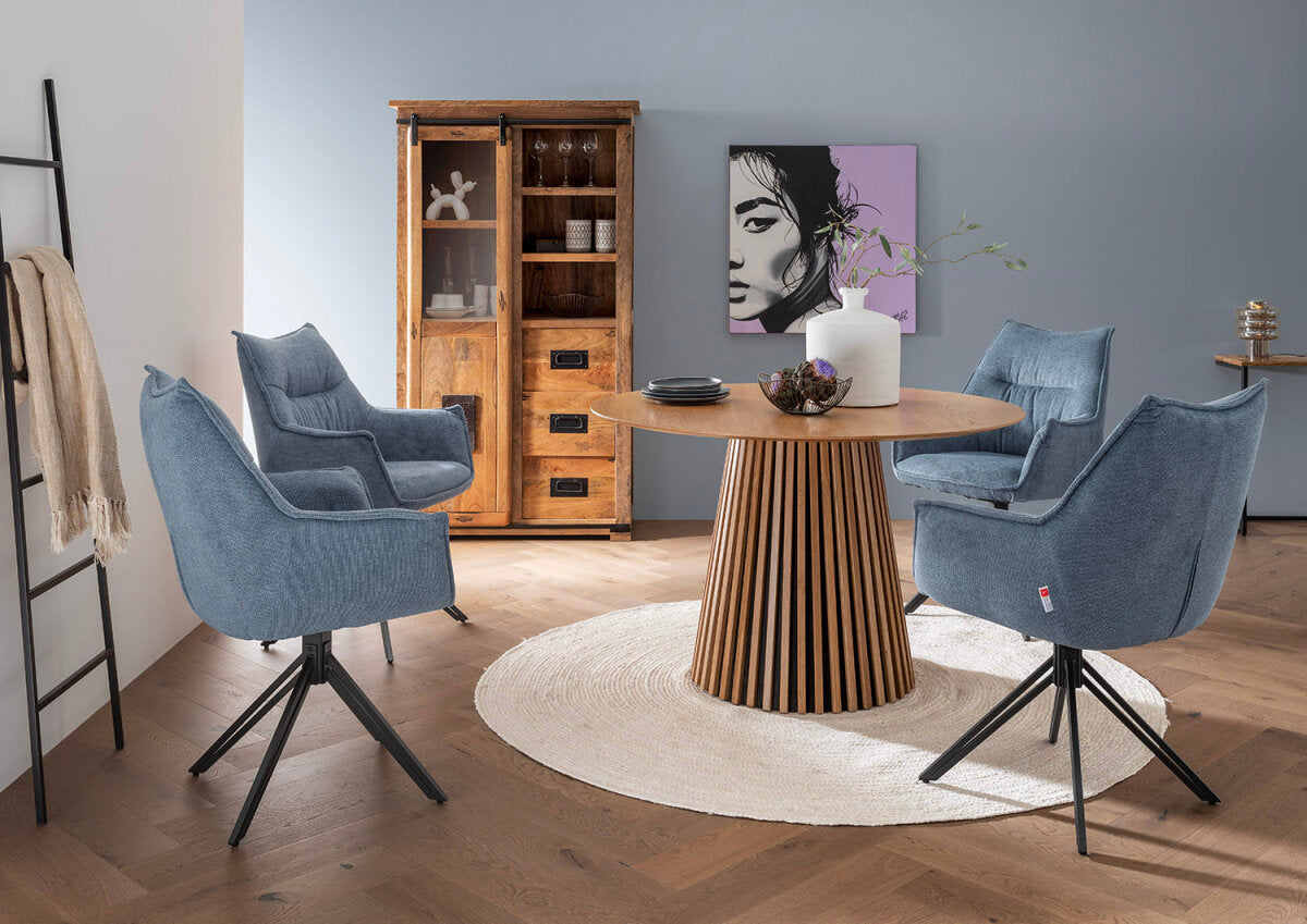 Esszimmer Set Ginosa blau & Tisch Oria natur rund 120cm | Designmöbel – Produktbild 1